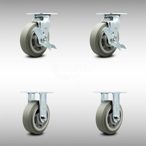 6 Inch SS Thermoplastic Rubber Caster Set with Ball Bearings 2 Brake 2 Rigid SCC